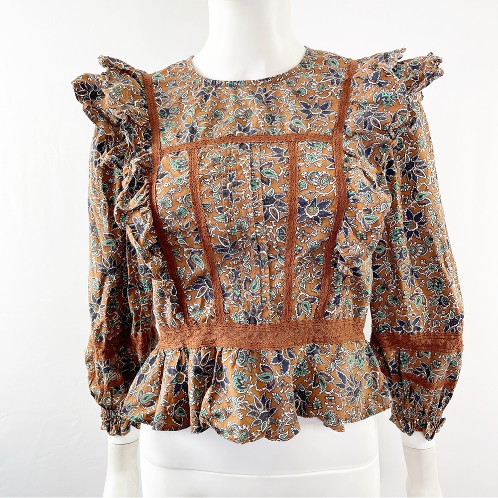 Veronica Beard Long Sleeve Floral WESLAYAN Ruffle Blouse in Cinnamon Brown Sz 2 - Picture 4 of 13